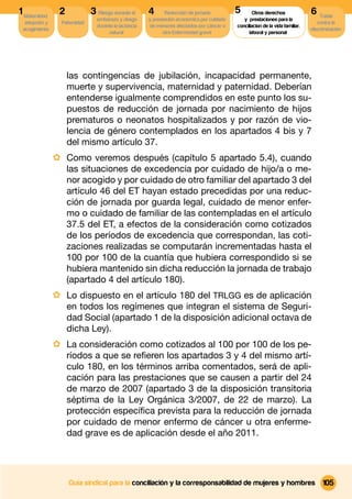 1 Maternidad,    2             3 Riesgo durante el      4      Reducción de jornada          5
                                                                                             5       Otros derechos              6 Tutela
                                 embarazo y riesgo      y prestación económica por cuidado      y prestaciones para la
  adopción y      Paternidad                                                                                                        contra la
                                 durante la lactancia   de menores afectados por cáncer u    conciliacion de la vida familiar,
 acogimiento                                                                                                                     discriminación
                                      natural                 otra Enfermedad grave                laboral y personal




                     las contingencias de jubilación, incapacidad permanente,
                     muerte y supervivencia, maternidad y paternidad. Deberían
                     entenderse igualmente comprendidos en este punto los su-
                     puestos de reducción de jornada por nacimiento de hijos
                     prematuros o neonatos hospitalizados y por razón de vio-
                     lencia de género contemplados en los apartados 4 bis y 7
                     del mismo artículo 37.
                · Como veremos después (capítulo 5 apartado 5.4), cuando
                     las situaciones de excedencia por cuidado de hijo/a o me-
                     nor acogido y por cuidado de otro familiar del apartado 3 del
                     artículo 46 del ET hayan estado precedidas por una reduc-
                     ción de jornada por guarda legal, cuidado de menor enfer-
                     mo o cuidado de familiar de las contempladas en el artículo
                     37.5 del ET, a efectos de la consideración como cotizados
                     de los períodos de excedencia que correspondan, las coti-
                     zaciones realizadas se computarán incrementadas hasta el
                     100 por 100 de la cuantía que hubiera correspondido si se
                     hubiera mantenido sin dicha reducción la jornada de trabajo
                     (apartado 4 del artículo 180).
                · Lo dispuesto en el artículo 180 del TRLGG es de aplicación
                     en todos los regímenes que integran el sistema de Seguri-
                     dad Social (apartado 1 de la disposición adicional octava de
                     dicha Ley).
                · La consideración como cotizados al 100 por 100 de los pe-
                     ríodos a que se reﬁeren los apartados 3 y 4 del mismo artí-
                     culo 180, en los términos arriba comentados, será de apli-
                     cación para las prestaciones que se causen a partir del 24
                     de marzo de 2007 (apartado 3 de la disposición transitoria
                     séptima de la Ley Orgánica 3/2007, de 22 de marzo). La
                     protección especíﬁca prevista para la reducción de jornada
                     por cuidado de menor enfermo de cáncer u otra enferme-
                     dad grave es de aplicación desde el año 2011.




                     Guía sindical para la conciliación y la corresponsabilidad de mujeres y hombres                                  105
 