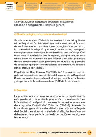 1 Maternidad,     2            3 Riesgo durante el      4      Reducción de jornada          5       Otros derechos              6 Tutela
                                 embarazo y riesgo      y prestación económica por cuidado      y prestaciones para la
  adopción y      Paternidad                                                                                                        contra la
                                 durante la lactancia   de menores afectados por cáncer u    conciliacion de la vida familiar,
 acogimiento                                                                                                                     discriminación
                                      natural                 otra Enfermedad grave                laboral y personal




                1.3. Prestación de seguridad social por maternidad,
                adopción o acogimiento. Supuesto general


                a) Situación protegida por la prestación de maternidad

                Se adapta el artículo 133 bis del texto refundido de la Ley Gene-
                ral de Seguridad Social (TRLGSS) a lo dispuesto en el Estatuto
                de los Trabajadores. Las situaciones protegidas son, por tanto,
                la maternidad, la adopción y el acogimiento, tanto preadoptivo
                como permanente o simple de conformidad con el Código Civil
                o las leyes autonómicas que lo regulen, siempre que, en este
                último caso, su duración no sea inferior a un año, y aunque
                dichos acogimientos sean provisionales, durante los períodos
                de descanso que por tales situaciones se disfruten, de acuerdo
                con el artículo 48.4 del ET.
                Regulada por Real Decreto 295/2009, de 16 de marzo, que re-
                gula las prestaciones económicas del sistema de la Seguridad
                Social por maternidad, paternidad, riesgo durante el embarazo
                y riesgo durante la lactancia natural (BOE de 21 de marzo).


                b) Requisitos

                La principal novedad que se introduce en la regulación de
                esta prestación, denominada prestación por maternidad, es
                la ﬂexibilización del período de carencia requerido para acce-
                der a la prestación (artículo 133 ter del (TRLGSS)). Además de
                la condición general de estar aﬁliados y en alta en la Seguri-
                dad Social o en situación asimilada al alta, los beneﬁciarios
                deberán reunir un período previo de cotización en los siguien-
                tes términos:




                      Guía sindical para la conciliación y la corresponsabilidad de mujeres y hombres                                  25
 