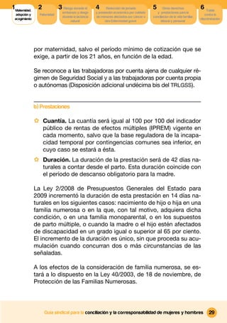 1 Maternidad,     2            3 Riesgo durante el      4      Reducción de jornada          5       Otros derechos              6 Tutela
                                 embarazo y riesgo      y prestación económica por cuidado      y prestaciones para la
  adopción y      Paternidad                                                                                                        contra la
                                 durante la lactancia   de menores afectados por cáncer u    conciliacion de la vida familiar,
 acogimiento                                                                                                                     discriminación
                                      natural                 otra Enfermedad grave                laboral y personal




                por maternidad, salvo el período mínimo de cotización que se
                exige, a partir de los 21 años, en función de la edad.

                Se reconoce a las trabajadoras por cuenta ajena de cualquier ré-
                gimen de Seguridad Social y a las trabajadoras por cuenta propia
                o autónomas (Disposición adicional undécima bis del TRLGSS).


                b) Prestaciones

                · Cuantía. La cuantía será igual al 100 por 100 del indicador
                      público de rentas de efectos múltiples (IPREM) vigente en
                      cada momento, salvo que la base reguladora de la incapa-
                      cidad temporal por contingencias comunes sea inferior, en
                      cuyo caso se estará a ésta.
                · Duración. La duración de la prestación será de 42 días na-
                      turales a contar desde el parto. Esta duración coincide con
                      el período de descanso obligatorio para la madre.

                La Ley 2/2008 de Presupuestos Generales del Estado para
                2009 incrementó la duración de esta prestación en 14 días na-
                turales en los siguientes casos: nacimiento de hijo o hija en una
                familia numerosa o en la que, con tal motivo, adquiera dicha
                condición, o en una familia monoparental, o en los supuestos
                de parto múltiple, o cuando la madre o el hijo estén afectados
                de discapacidad en un grado igual o superior al 65 por ciento.
                El incremento de la duración es único, sin que proceda su acu-
                mulación cuando concurran dos o más circunstancias de las
                señaladas.

                A los efectos de la consideración de familia numerosa, se es-
                tará a lo dispuesto en la Ley 40/2003, de 18 de noviembre, de
                Protección de las Familias Numerosas.




                      Guía sindical para la conciliación y la corresponsabilidad de mujeres y hombres                                  29
 