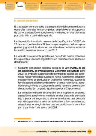 1 Maternidad,       2            3 Riesgo durante el      4      Reducción de jornada          5       Otros derechos              6 Tutela
                                   embarazo y riesgo      y prestación económica por cuidado      y prestaciones para la
  adopción y        Paternidad                                                                                                        contra la
                                   durante la lactancia   de menores afectados por cáncer u    conciliacion de la vida familiar,
 acogimiento                                                                                                                       discriminación
                                        natural                 otra Enfermedad grave                laboral y personal




                b) Duración del derecho

                El trabajador tiene derecho a la suspensión del contrato durante
                trece días naturales ininterrumpidos, ampliables en el supuesto
                de parto, a adopción o acogimiento múltiples, en dos días más
                por cada hijo a partir del segundo.

                La disposición transitoria novena de la Ley Orgánica 3/2007, de
                22 de marzo, ordenaba al Gobierno que ampliara, de forma pro-
                gresiva y gradual, la duración de este derecho hasta alcanzar
                las cuatro semanas en marzo de 2013.

                La vida de esta reciente prestación ha sufrido desde entonces
                los siguientes vaivenes legislativos en relación con la duración
                del derecho:

                · Mediante disposición adicional sexta de la Ley 2/2008, de 23
                        de diciembre, de Presupuestos Generales del Estado para
                        2009, se amplía la suspensión del contrato de trabajo por pater-
                        nidad hasta veinte días cuando el nuevo nacimiento, adopción
                        o acogimiento se produzca en una familia numerosa, cuando la
                        familia adquiera dicha condición con el nuevo nacimiento, adop-
                        ción o acogimiento o cuando en la familia haya una persona con
                        discapacidad (en un grado igual o superior al 33 por ciento).
                        La duración indicada se ampliará en el supuesto de parto,
                        adopción o acogimiento múltiple en dos días más por cada
                        hijo a partir del segundo, o si uno de ellos es una persona
                        con discapacidad y será de aplicación a los nacimientos,
                        adopciones o acogimientos que se produzcan o constitu-
                        yan a partir de 1 de enero de 2009.1




                1       Ver apartado 1.3.c) “cuantía y duración de la prestación” de este mismo capítulo.




                        Guía sindical para la conciliación y la corresponsabilidad de mujeres y hombres                                  45
 