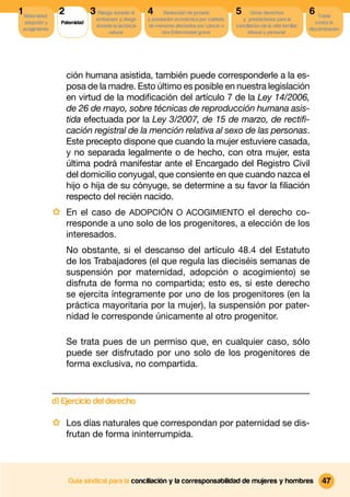 1 Maternidad,     2            3 Riesgo durante el      4      Reducción de jornada          5       Otros derechos              6 Tutela
                                 embarazo y riesgo      y prestación económica por cuidado      y prestaciones para la
  adopción y      Paternidad                                                                                                        contra la
                                 durante la lactancia   de menores afectados por cáncer u    conciliacion de la vida familiar,
 acogimiento                                                                                                                     discriminación
                                      natural                 otra Enfermedad grave                laboral y personal




                      ción humana asistida, también puede corresponderle a la es-
                      posa de la madre. Esto último es posible en nuestra legislación
                      en virtud de la modiﬁcación del artículo 7 de la Ley 14/2006,
                      de 26 de mayo, sobre técnicas de reproducción humana asis-
                      tida efectuada por la Ley 3/2007, de 15 de marzo, de rectiﬁ-
                      cación registral de la mención relativa al sexo de las personas.
                      Este precepto dispone que cuando la mujer estuviere casada,
                      y no separada legalmente o de hecho, con otra mujer, esta
                      última podrá manifestar ante el Encargado del Registro Civil
                      del domicilio conyugal, que consiente en que cuando nazca el
                      hijo o hija de su cónyuge, se determine a su favor la ﬁliación
                      respecto del recién nacido.
                · En el caso de ADOPCIÓN O ACOGIMIENTO el derecho co-
                      rresponde a uno solo de los progenitores, a elección de los
                      interesados.
                      No obstante, si el descanso del artículo 48.4 del Estatuto
                      de los Trabajadores (el que regula las dieciséis semanas de
                      suspensión por maternidad, adopción o acogimiento) se
                      disfruta de forma no compartida; esto es, si este derecho
                      se ejercita íntegramente por uno de los progenitores (en la
                      práctica mayoritaria por la mujer), la suspensión por pater-
                      nidad le corresponde únicamente al otro progenitor.

                      Se trata pues de un permiso que, en cualquier caso, sólo
                      puede ser disfrutado por uno solo de los progenitores de
                      forma exclusiva, no compartida.



                d) Ejercicio del derecho

                · Los días naturales que correspondan por paternidad se dis-
                      frutan de forma ininterrumpida.




                      Guía sindical para la conciliación y la corresponsabilidad de mujeres y hombres                                 47
 