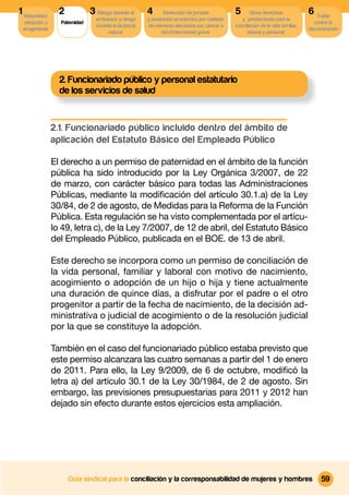 1 Maternidad,     2            3 Riesgo durante el      4      Reducción de jornada          5       Otros derechos              6 Tutela
                                 embarazo y riesgo      y prestación económica por cuidado      y prestaciones para la
  adopción y      Paternidad                                                                                                        contra la
                                 durante la lactancia   de menores afectados por cáncer u    conciliacion de la vida familiar,
 acogimiento                                                                                                                     discriminación
                                      natural                 otra Enfermedad grave                laboral y personal




                  2. Funcionariado público y personal estatutario
                  de los servicios de salud


                2.1. Funcionariado público incluido dentro del ámbito de
                aplicación del Estatuto Básico del Empleado Público

                El derecho a un permiso de paternidad en el ámbito de la función
                pública ha sido introducido por la Ley Orgánica 3/2007, de 22
                de marzo, con carácter básico para todas las Administraciones
                Públicas, mediante la modiﬁcación del artículo 30.1.a) de la Ley
                30/84, de 2 de agosto, de Medidas para la Reforma de la Función
                Pública. Esta regulación se ha visto complementada por el artícu-
                lo 49, letra c), de la Ley 7/2007, de 12 de abril, del Estatuto Básico
                del Empleado Público, publicada en el BOE. de 13 de abril.

                Este derecho se incorpora como un permiso de conciliación de
                la vida personal, familiar y laboral con motivo de nacimiento,
                acogimiento o adopción de un hijo o hija y tiene actualmente
                una duración de quince días, a disfrutar por el padre o el otro
                progenitor a partir de la fecha de nacimiento, de la decisión ad-
                ministrativa o judicial de acogimiento o de la resolución judicial
                por la que se constituye la adopción.

                También en el caso del funcionariado público estaba previsto que
                este permiso alcanzara las cuatro semanas a partir del 1 de enero
                de 2011. Para ello, la Ley 9/2009, de 6 de octubre, modiﬁcó la
                letra a) del artículo 30.1 de la Ley 30/1984, de 2 de agosto. Sin
                embargo, las previsiones presupuestarias para 2011 y 2012 han
                dejado sin efecto durante estos ejercicios esta ampliación.




                      Guía sindical para la conciliación y la corresponsabilidad de mujeres y hombres                                  59
 