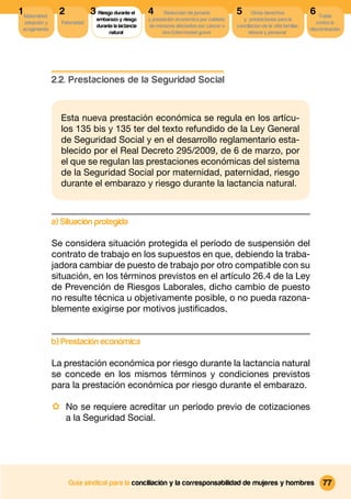 1 Maternidad,     2            3 Riesgo durante el      4      Reducción de jornada          5       Otros derechos              6 Tutela
                                 embarazo y riesgo      y prestación económica por cuidado      y prestaciones para la
  adopción y      Paternidad                                                                                                        contra la
                                 durante la lactancia   de menores afectados por cáncer u    conciliacion de la vida familiar,
 acogimiento                                                                                                                     discriminación
                                      natural                 otra Enfermedad grave                laboral y personal




                2.2. Prestaciones de la Seguridad Social


                  Esta nueva prestación económica se regula en los artícu-
                  los 135 bis y 135 ter del texto refundido de la Ley General
                  de Seguridad Social y en el desarrollo reglamentario esta-
                  blecido por el Real Decreto 295/2009, de 6 de marzo, por
                  el que se regulan las prestaciones económicas del sistema
                  de la Seguridad Social por maternidad, paternidad, riesgo
                  durante el embarazo y riesgo durante la lactancia natural.



                a) Situación protegida

                Se considera situación protegida el período de suspensión del
                contrato de trabajo en los supuestos en que, debiendo la traba-
                jadora cambiar de puesto de trabajo por otro compatible con su
                situación, en los términos previstos en el artículo 26.4 de la Ley
                de Prevención de Riesgos Laborales, dicho cambio de puesto
                no resulte técnica u objetivamente posible, o no pueda razona-
                blemente exigirse por motivos justiﬁcados.


                b) Prestación económica

                La prestación económica por riesgo durante la lactancia natural
                se concede en los mismos términos y condiciones previstos
                para la prestación económica por riesgo durante el embarazo.

                · No se requiere acreditar un período previo de cotizaciones
                      a la Seguridad Social.




                      Guía sindical para la conciliación y la corresponsabilidad de mujeres y hombres                                 77
 