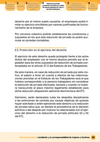 1 Maternidad,    2             3 Riesgo durante el      4      Reducción de jornada          5       Otros derechos              6 Tutela
                                 embarazo y riesgo      y prestación económica por cuidado      y prestaciones para la
  adopción y      Paternidad                                                                                                        contra la
                                 durante la lactancia   de menores afectados por cáncer u    conciliacion de la vida familiar,
 acogimiento                                                                                                                     discriminación
                                      natural                 otra Enfermedad grave                laboral y personal




                derecho por el mismo sujeto causante, el empresario podrá li-
                mitar su ejercicio simultáneo por razones justiﬁcadas de funcio-
                namiento de la empresa.

                Por convenio colectivo podrán establecerse las condiciones y
                supuestos en los que esta reducción de jornada se podrá acu-
                mular en jornadas completas.


                2.3. Protección en el ejercicio del derecho

                El ejercicio de este derecho queda protegido frente a los actos
                ilícitos del empleador con el mismo alcance previsto por el le-
                gislador para los otros supuestos de reducción de jornada con-
                templados en el artículo 37.5 del Estatuto de los Trabajadores.

                De esta manera, en caso de reducción de jornada por este mo-
                tivo, el salario a tener en cuenta a efectos de las indemniza-
                ciones previstas en el Estatuto de los Trabajadores será el que
                hubiera correspondido a la persona trabajadora sin considerar
                la reducción de jornada efectuada, siempre y cuando no hubie-
                ra transcurrido el plazo máximo legalmente establecido para
                dicha reducción (disposición adicional decimoctava del ET).

                Asimismo, serán declarados nulos los despidos disciplinarios
                o las extinciones de contrato por causas objetivas de quienes
                hayan solicitado o estén ejerciendo este derecho a la reducción
                de jornada salvo que, se declare la procedencia de la decisión
                extintiva o del despido por motivos no relacionados con el ejer-
                cicio del derecho a la reducción de jornada (artículos 53 y 55
                del ET).




                     Guía sindical para la conciliación y la corresponsabilidad de mujeres y hombres                                   85
 