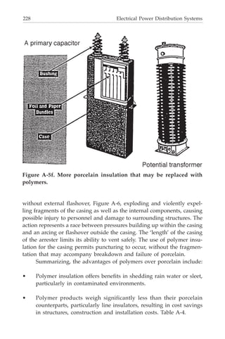228 Electrical Power Distribution Systems
Figure A-5f. More porcelain insulation that may be replaced with
polymers.
without external flashover, Figure A-6, exploding and violently expel-
ling fragments of the casing as well as the internal components, causing
possible injury to personnel and damage to surrounding structures. The
action represents a race between pressures building up within the casing
and an arcing or flashover outside the casing. The ‘length’ of the casing
of the arrester limits its ability to vent safely. The use of polymer insu-
lation for the casing permits puncturing to occur, without the fragmen-
tation that may accompany breakdown and failure of porcelain.
Summarizing, the advantages of polymers over porcelain include:
• Polymer insulation offers benefits in shedding rain water or sleet,
particularly in contaminated environments.
• Polymer products weigh significantly less than their porcelain
counterparts, particularly line insulators, resulting in cost savings
in structures, construction and installation costs. Table A-4.
 