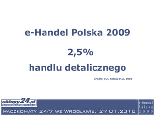 e-Handel Polska 2009

        2,5%
handlu detalicznego
               Źródło: GUS, Sklepy24.pl, 2009
 