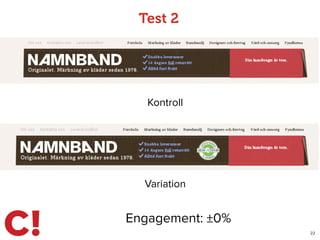 Test 2
22
Engagement: ±0%
Kontroll
Variation
 