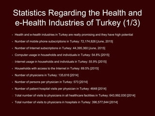 Statistics Regarding the Health and
e-Health Industries of Turkey (1/3)
• Health and e-health industries in Turkey are really promising and they have high potential
• Number of mobile phone subscriptions in Turkey: 72,174,826 [June, 2015]
• Number of Internet subscriptions in Turkey: 44,395,360 [June, 2015]
• Computer usage in households and individuals in Turkey: 54.8% [2015]
 Internet usage in households and individuals in Turkey: 55.9% [2015]
• Households with access to the Internet in Turkey: 69.5% [2015]
• Number of physicians in Turkey: 135,616 [2014]
• Number of persons per physician in Turkey: 573 [2014]
• Number of patient hospital visits per physician in Turkey: 4648 [2014]
 Total number of visits to physicians in all healthcare facilities in Turkey: 643,992,030 [2014]
• Total number of visits to physicians in hospitals in Turkey: 396,577,644 [2014]
 