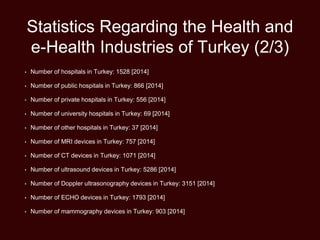 Statistics Regarding the Health and
e-Health Industries of Turkey (2/3)
• Number of hospitals in Turkey: 1528 [2014]
• Number of public hospitals in Turkey: 866 [2014]
• Number of private hospitals in Turkey: 556 [2014]
• Number of university hospitals in Turkey: 69 [2014]
• Number of other hospitals in Turkey: 37 [2014]
• Number of MRI devices in Turkey: 757 [2014]
• Number of CT devices in Turkey: 1071 [2014]
• Number of ultrasound devices in Turkey: 5286 [2014]
• Number of Doppler ultrasonography devices in Turkey: 3151 [2014]
• Number of ECHO devices in Turkey: 1793 [2014]
• Number of mammography devices in Turkey: 903 [2014]
 