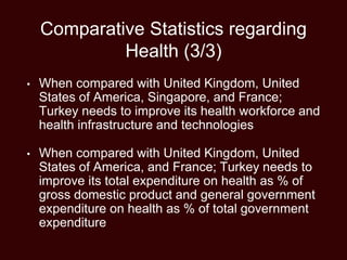 Comparative Statistics regarding
Health (3/3)
• When compared with United Kingdom, United
States of America, Singapore, and France;
Turkey needs to improve its health workforce and
health infrastructure and technologies
• When compared with United Kingdom, United
States of America, and France; Turkey needs to
improve its total expenditure on health as % of
gross domestic product and general government
expenditure on health as % of total government
expenditure
 