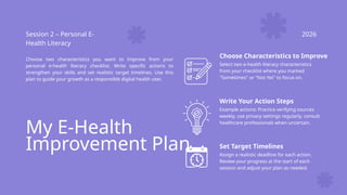 My E-Health
Improvement Plan
Session 2 – Personal E-
Health Literacy
2026
Choose two characteristics you want to improve from your
personal e-health literacy checklist. Write specific actions to
strengthen your skills and set realistic target timelines. Use this
plan to guide your growth as a responsible digital health user.
Choose Characteristics to Improve
Select two e-health literacy characteristics
from your checklist where you marked
"Sometimes" or "Not Yet" to focus on.
Write Your Action Steps
Example actions: Practice verifying sources
weekly, use privacy settings regularly, consult
healthcare professionals when uncertain.
Set Target Timelines
Assign a realistic deadline for each action.
Review your progress at the start of each
session and adjust your plan as needed.
 