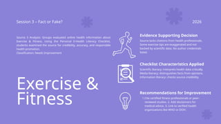 Exercise &
Fitness
Session 3 – Fact or Fake? 2026
Source 3 Analysis: Groups evaluated online health information about
Exercise & Fitness. Using the Personal E-Health Literacy Checklist,
students examined the source for credibility, accuracy, and responsible
health promotion.
Classification: Needs Improvement
Evidence Supporting Decision
Source lacks citations from health professionals.
Some exercise tips are exaggerated and not
backed by scientific data. No author credentials
listed.
Checklist Characteristics Applied
Scientific literacy: interprets health data critically.
Media literacy: distinguishes facts from opinions.
Information literacy: checks source credibility.
Recommendations for Improvement
1.Cite certified fitness professionals or peer-
reviewed studies. 2. Add disclaimers for
medical advice. 3. Link to verified health
organizations like WHO or DOH.
 