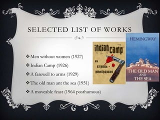 SELECTED LIST OF WORKS
Men without women (1927)
Indian Camp (1926)
A farewell to arms (1929)
The old man ant the sea (1951)
A moveable feast (1964 posthumous)
 