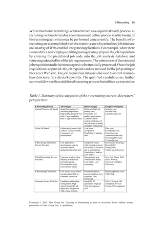 E-Recruiting 89
Copyright © 2005, Idea Group Inc. Copying or distributing in print or electronic forms without written
permission of Idea Group Inc. is prohibited.
Whiletraditionalrecruitingischaracterizedasasequentialbatchprocess,e-
recruitingischaracterizedasacontinuousandonlineprocessinwhichsomeof
the recruiting activities may be performed concurrently. The benefits of e-
recruitingareaccomplishedwiththeextensiveuseofacentralizedjobdatabase
andanarrayofWeb-enabledintegratedapplications.Forexample,whenthere
isaneedforanewemployee,hiringmanagersmaypreparethejobrequisition
by entering the predefined job code into the job analysis database and
retrievingadetailedlistofthejobrequirements.Thesubmissionoftheretrieved
jobrequisitiontodivisionmanagersiselectronicallyprocessed.Oncethejob
requisitionisapproved,thejobrequisitiondataareusedforthejobpostingat
the career Web site. The job requisition data are also used to search résumés
based on specific criteria/keywords. The qualified candidates are further
narroweddownwithanadditionalscreeningprocessthatutilizesvariousonline
Table 1. Summary of six categories of the e-recruiting sources: Recruiters’
perspectives
E-Recruiting Source Advantages Disadvantages Sample Participants
General-Purpose Job Board Brand recognition; E-
recruiting experience;
High traffic; Industry best
tools; Large candidate
base; Large recruiter base
Relatively high job
posting cost;
Potentially low
quality applications;
Limited content
control; Stickiness of
the job board; Limited
candidate relationship
Monster.com;
HotJobs.com;
CareerBuilder.com
Niche Job Board Gathering of passive job
seekers; Focused search;
Community of
professionals
Low brand
recognition;
Possibility of identity
theft
Dice.com;
Erexchange.com;
Taon-line.com;
JournalismJobs.com;
MarketingJobs.com;
TexasJobs.com
E-Recruiting Application
Service Provider
Low application
development cost for
recruiters; Quick
application development
Integration issues
with existing systems;
Possibility of closeout
due to competition;
Possibility of lock-in;
Low traffic
Recruitsoft; Brassring;
RecruitUSA;
PeopleClick;
TalentFusion; Lawson
Hybrid Recruiting Service
Providers
Expertise in advertising
industry; Portfolio of
recruiting media;
Price bundling with
conventional media
Strong image as a
conventional media;
Low traffic; Low
technology
New York Times, Wall
Street Journal;
Chronicle of Higher
Education
E-Recruiting Consortium Low service cost; Direct
and immediate link to
corporate career site
Potential conflicts
among members; Low
exposure; Low
technology
DirectEmployers.com;
NACElink
Corporate Career Web Site Candidate relationship
management; High
interest in jobs by job
applicants; Integration
with exiting systems
Needs for IT
specialists; High up-
front development
cost
94% of Fortune 100
companies; 81% of
Fortune 500 companies
 
