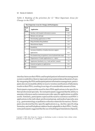 52 Davies & Calderón
Copyright © 2005, Idea Group Inc. Copying or distributing in print or electronic forms without written
permission of Idea Group Inc. is prohibited.
interfacebetweentheirPDAsandhospitalpatientinformationmanagement
systemwouldallowthemtoinputandextractpatientdataatthepointofcare.
ByintegratingthePDAandhospitalpatientinformationmanagement,partici-
pantsalsoenvisionedtheabilitytoreceivewirelessnotificationoflaboratory
resultstotheirPDA,resultinginsavingsofaconsiderableamountoftime.
Participants expressed the need for their PDA applications to be specific to
theirprofessionalspecialty.Severalparticipantssuggestedthattheabilityto
annotatereferencesandtocustomizeprovider-specificapplicationswouldbe
useful. Similarly, participants expressed the need to customize each PDA’s
applicationstotheindividual,professionalgroup,andmedicalspecialtyarea
(e.g.,gastroenterologyorpediatricsreferencematerialsfornurses).Partici-
pants also desired facility-specific applications (e.g., facility-specific drug
formularyandstafftelephone/addressbook)adaptabletotheirPDA.Finally,
someparticipantssuggestedthattheuseofmultilingualtranslations(Spanish,
Table 4. Ranking of the priorities for 12 “Most Important Areas for
Change in the PDA”
Most Important Areas for Change (All Participants)
Rank
of
Mean
Application
Mean
Rank
1 Interface with hospital information systems 2.0
2 Memory size and type 5.5
3 Downloading applications to PDA 5.7
4 Drug formulary/drug database 5.9
5 Monochrome display 5.9
6 Readability 6.4
7
Accuracy/reliability of medical decision support
applications 6.4
8 Pen (handwriting recognition) versus keyboard data input 7.5
9 Organization of reader applications (i.e., index) 7.5
10 Application familiarity (e.g., look and feel, content) 7.8
11 General navigation in applications 8.0
12 Calculator 9.7
 