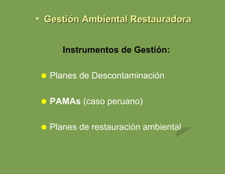 Instrumentos de Gestión: Planes de Descontaminación PAMAs  (caso peruano) Planes de restauración ambiental Gestión Ambiental Restauradora 