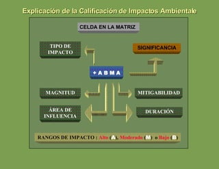 + A B M A TIPO DE IMPACTO MAGNITUD ÁREA DE INFLUENCIA MITIGABILIDAD DURACIÓN SIGNIFICANCIA RANGOS DE IMPACTO :  Alto  ( A ),  Moderado  ( M )  o  Bajo  ( B ) CELDA EN LA MATRIZ Explicación de la Calificación de Impactos Ambientale 