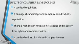 EFFECTS OF COMPUTER & CYBERCRIMES
It can lead to job loss.
It damages brand image and company or individual’s
reputation.
There is high cost in mitigation strategies and recovery
from cyber and computer crimes.
It can lead to loss of trade and competitiveness.
 
