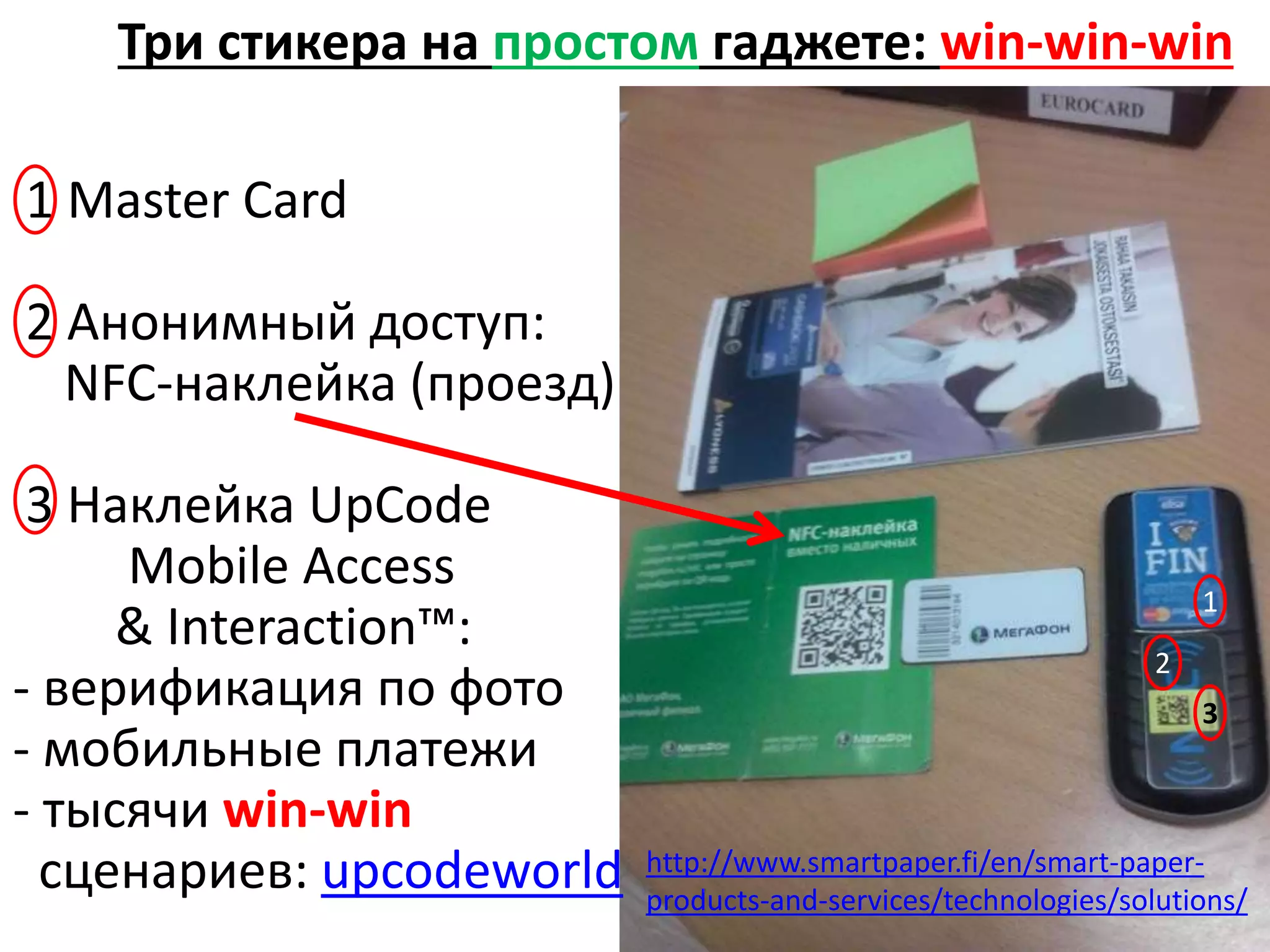 1 Master Card
2 Анонимный доступ:
NFC-наклейка (проезд)
3 Наклейка UpCode
Mobile Access
& Interaction™:
- верификация по фото
- мобильные платежи
- тысячи win-win
сценариев: upcodeworld http://www.smartpaper.fi/en/smart-paper-
products-and-services/technologies/solutions/
3
2
1
Три стикера на простом гаджете: win-win-win
 