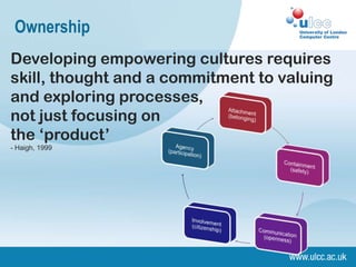 Ownership
Developing empowering cultures requires
skill, thought and a commitment to valuing
and exploring processes,
not just focusing on
the ‘product’
- Haigh, 1999
 