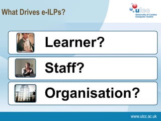 What Drives e-ILPs?


            Learner?
            Staff?
            Organisation?
 