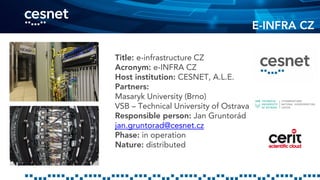 Title: e-infrastructure CZ
Acronym: e-INFRA CZ
Host institution: CESNET, A.L.E.
Partners:
Masaryk University (Brno)
VSB – Technical University of Ostrava
Responsible person: Jan Gruntorád
jan.gruntorad@cesnet.cz
Phase: in operation
Nature: distributed
E-INFRA CZ
 
