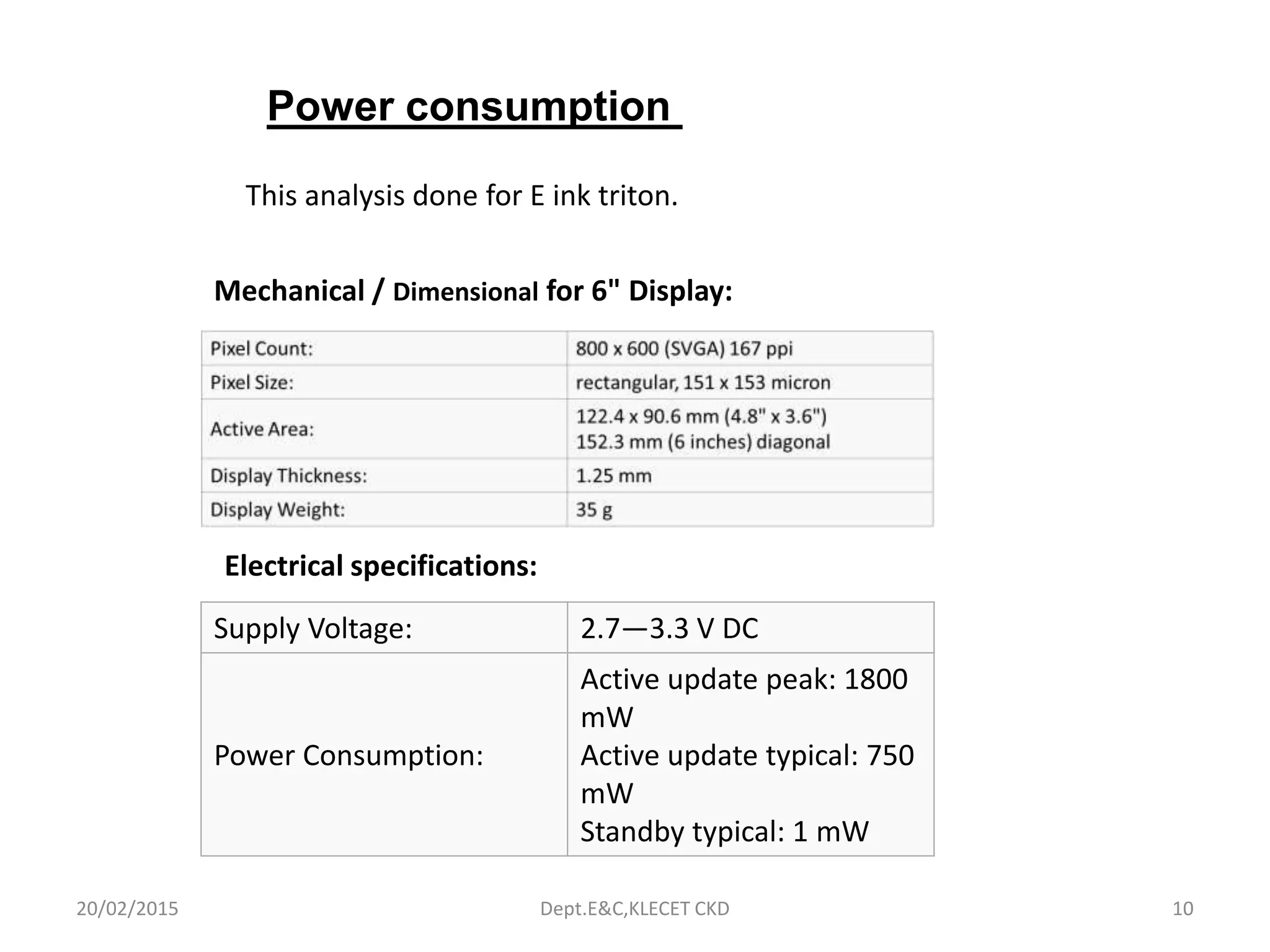 Supply Voltage: 2.7—3.3 V DC
Power Consumption:
Active update peak: 1800
mW
Active update typical: 750
mW
Standby typical: 1 mW
Mechanical / Dimensional for 6" Display:
Electrical specifications:
This analysis done for E ink triton.
Power consumption
20/02/2015 Dept.E&C,KLECET CKD 10
 