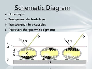 1- Upper layer
2- Transparent electrode layer
3- Transparent micro-capsules
4- Positively charged white pigments
Schematic Diagram
 