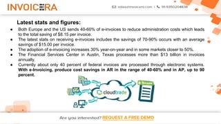 REQUEST A FREE DEMO
● Both Europe and the US sends 40-60% of e-invoices to reduce administration costs which leads
to the total saving of $8.15 per invoice.
● The latest stats on receiving e-invoices includes the savings of 70-90% occurs with an average
savings of $15.00 per invoice.
● The adoption of e-invoicing increases 30% year-on-year and in some markets closer to 50%.
● The Financial Services Center in Austin, Texas processes more than $13 billion in invoices
annually.
● Currently about only 40 percent of federal invoices are processed through electronic systems.
With e-Invoicing, produce cost savings in AR in the range of 40-60% and in AP, up to 90
percent.
Latest stats and figures:
 