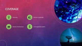 COVERAGE
Overview Solution Landscape
Solution Architecture Licensing/Subscription
 