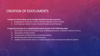 CREATION OF EDOCUMENTS
Creation of eDocuments can be broadly classified into two scenarios:
1. Outgoing (e.g. Customer Invoice, Payment Receipt, Delivery Note)
2. Incoming (e.g. Vendor Invoice, Invoice Receipt, Goods Receipt)
A typical processing of an outgoing eDocument consists of the following steps:
I. Generation of source documents (e.g. SD Billing document, Customer Invoice in FI etc.)
II. Generation of eDocuments
III. Transmission of eDocuments to external systems
IV. Monitoring eDocument processing status
V. Update of eDocument status in cockpit based on data coming from external systems
 