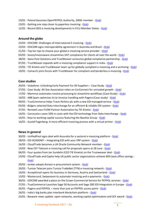 E-invoicing Yearbook 2017 – Q1 5
23/01 - Poland becomes OpenPEPPOL Authority, 200th member - (link)
23/01 - Getting one step closer to paperless invoicing - (link)
12/01 - Recent B2G e-invoicing developments in 9 EU Member States - (link)
Around the globe
23/03 - EDICOM: Challenges of International E-invoicing - (link)
23/03 - EDICOM signs interoperability agreement in Australia and Brazil - (link)
21/03 - Top ten tips to choose your global e-invoicing service provider - (link)
03/03 - Sovos/Invoiceware streamlines VAT compliance for clients all over the world - (link)
28/02 - Swiss Post Solutions and TrustWeaver announce global compliance partnership - (link)
07/02 - TrustWeaver expands with e-invoicing compliance support in India - (link)
23/02 - TIE Kinetix and TrustWeaver team up for globally compliant e-invoicing and e-archiving - (link)
10/01 - Comarch joins forces with TrustWeaver for compliant and borderless e-invoicing - (link)
Case studies
20/03 - Vodafone: Unlocking Early Payment For All Suppliers – Case Study - (link)
27/02 - Case Study: All Star Association relies on CorConnect for unrivaled growth - (link)
17/02 - Mammut automates invoice processing to streamline workflows [Case Study] - (link)
10/02 - ABB Spain optimizes its (e-)invoice handling with Pagero (Case study) - (link)
09/02 - TrueCommerce helps Travis Perkins plc with a new EDI managed service - (link)
03/02 - Bolgers selected Data Interchange for an efficient & reliable EDI system - (link)
27/01 - Rentokil uses FLOW Partner Automation by TIE Kinetix - (link)
16/01 - Carcoustics saves 50% in costs with the EDI technology from Data Interchange - (link)
16/01 - Keys to working capital success featuring the Bavelos Group - (link)
16/01 - Gustaf Fagerberg: A more efficient invoicing process with a virtual printer - (link)
News in general
30/03 - UnifiedPost signs deal with Assuralia for a sectoral e-invoicing platform - (link)
28/03 - EDI ACADEMY – Integrating EDI with your ERP system - (link)
16/03 - CloudTrade becomes a UK Oracle Community Network member - (link)
14/03 - New CEF Telecom e-invoicing call for proposals opens at 28 June - (link)
06/03 - Four quotes from Jan Sundelin (CEO TIE Kinetix) on the Trustweaver deal - (link)
23/02 - CloudTrade and Capita help UK public sector organisations achieve 60% back office savings -
(link)
20/02 - Jordan adopts Korean e-procurement system - (link)
20/02 - Tunisie Telecom joins Tunisia TradeNet (TTN) e-invoicing network - (link)
16/02 - AcceptEmail opens for business in Germany, Austria and Switzerland - (link)
13/02 - Mastercard, Swipezoom to automate invoicing and e-payments - (link)
30/01 - EDICOM awarded a place on the Crown Commercial Service for PEPPOL services - (link)
27/01 - TrueCommerce Launches Sage 50 Accounts and Sage 200 EDI Integration in Europe - (link)
26/01 - Pagero and PEPPOL – more than just an PEPPOL access point - (link)
26/01 - India’s big banks plan interbank blockchain platform - (link)
23/01 - Basware news update: open networks, working capital optimisation and SCF award - (link)
 