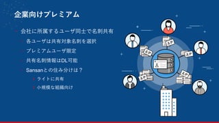 企業向けプレミアム
- 会社に所属するユーザ同士で名刺共有
- 各ユーザは共有対象名刺を選択
- プレミアムユーザ限定
- 共有名刺情報はDL可能
- Sansanとの住み分けは？
> ライトに共有
> 小規模な組織向け
26
 