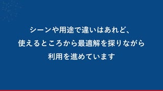 シーンや用途で違いはあれど、
使えるところから最適解を探りながら
利用を進めています
41
 