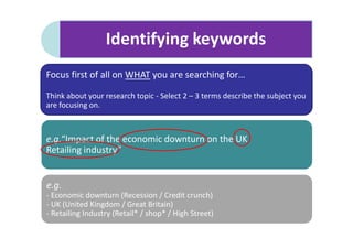 Identifying keywords
Focus first of all on WHAT you are searching for…

Think about your research topic - Select 2 – 3 terms describe the subject you
are focusing on.



e.g.“Impact of the economic downturn on the UK
Retailing industry”


e.g.
- Economic downturn (Recession / Credit crunch)
- UK (United Kingdom / Great Britain)
- Retailing Industry (Retail* / shop* / High Street)
 