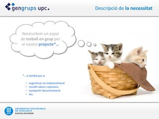 Descripció de la necessitat



 Necessitem un espai
de treball en grup per
 al nostre projecte*…




 *...o també per a:

   •   organitzar un esdeveniment
   •   recollir idees i opinions
   •   compartir documentació
   •   etc.
 