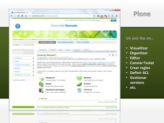Plone


Un únic lloc on…

• Visualitzar
• Organitzar
• Editar
• Canviar l’estat
• Crear regles
• Definir ACL
• Gestionar
  versions
• etc.
 