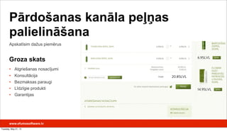 Groza skats
• Atgriešanas nosacījumi
• Konsultācija
• Bezmaksas paraugi
• Līdzīgie produkti
• Garantijas
www.efumosoftware.lv
Apskatīsim dažus piemērus
Pārdošanas kanāla peļņas
palielināšana
Tuesday, May 21, 13
 