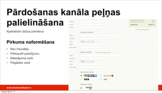 Pirkuma noformēšana
• Nav traucēkļu
• Pārbaudīt pasūtījumu
• Maksājuma veidi
• Piegādes veidi
Apskatīsim dažus piemērus
Pārdošanas kanāla peļņas
palielināšana
www.efumosoftware.lv
Tuesday, May 21, 13
 