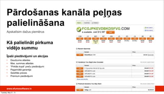www.efumosoftware.lv
Apskatīsim dažus piemērus
Pārdošanas kanāla peļņas
palielināšana
Kā palielināt pirkuma
vidējo summu
Īpaši piedāvājumi un akcijas
• Daudzuma atlaides
• Max. summas atlaides
• “Pirktās kopā” preču piedāvājumi
• Pagarinātā garantija
• Saistītās preces
• Premium piedāvājumi
Tuesday, May 21, 13
 