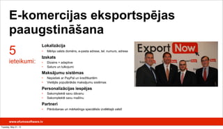 E-komercijas eksportspējas
paaugstināšana
www.efumosoftware.lv
5
ieteikumi:
Lokalizācija
• Mērķa valsts domēns, e-pasta adrese, tel. numurs, adrese
Izskats
• Dizains + adaptive
• Saturs un tulkojumi
Maksājumu sistēmas
• Nepietiek ar PayPal un kredītkartēm
• Vietējās populārākās maksājumu sistēmas
Personalizācijas iespējas
• Sakomplektē savu dāvanu
• Sakomplektē savu mašīnu
Partneri
• Pārdošanas un mārketinga speciālists izvēlētajā valstī
Tuesday, May 21, 13
 
