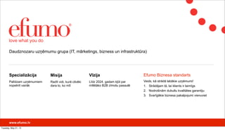 www.efumo.lv
Specializācija
Palīdzam uzņēmumiem
nopelnīt vairāk
Misija
Radīt vidi, kurā cilvēki
dara to, ko mīl
Vīzija
Līdz 2024. gadam kļūt par
mīlētāko B2B zīmolu pasaulē
Daudznozaru uzņēmumu grupa (IT, mārketings, bizness un infrastruktūra)
Efumo Biznesa standarts
Veids, kā strādā labākie uzņēmumi!
1. Strādājam tā, lai klients ir laimīgs
2. Nodrošinām dubultu kvalitātes garantiju
3. Svarīgākie biznesa pakalpojumi vienuviet
Tuesday, May 21, 13
 