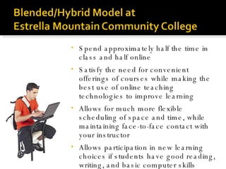 Spend approximately half the time in class and half online Satisfy the need for convenient offerings of courses while making the best use of online teaching technologies to improve learning Allows for much more flexible scheduling of space and time, while maintaining face-to-face contact with your instructor  Allows participation in new learning choices if students have good reading, writing, and basic computer skills 
