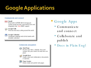 Google Apps  Communicate and connect Collaborate and publish  Docs in Plain English 