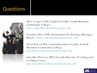 Alisa Cooper, EdD, English Faculty, South Mountain Community College:  [email_address]   Veronica Diaz, PhD, Instructional Technology Manager, MCLI:  [email_address]   Cheri Hebert, MA, Communications Faculty, Estrella Mountain Community College:  [email_address]   Amy MacPherson, MEd, Faculty Director, Teaching and Learning Center:  [email_address]   