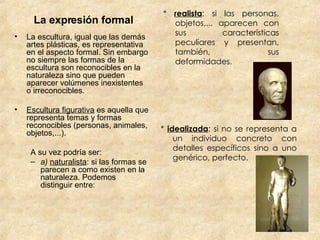 La expresión formal La escultura, igual que las demás artes plásticas, es representativa en el aspecto formal. Sin embargo no siempre las formas de la escultura son reconocibles en la naturaleza sino que pueden aparecer volúmenes inexistentes o irreconocibles. Escultura figurativa  es aquella que representa temas y formas reconocibles (personas, animales, objetos,...).   A su vez podría ser: a)  naturalista : si las formas se parecen a como existen en la naturaleza. Podemos distinguir entre: *  realista : si las personas, objetos,... aparecen con sus características peculiares y presentan, también, sus deformidades. *  idealizada : si no se representa a un individuo concreto con detalles específicos sino a uno genérico, perfecto. 