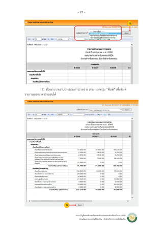 ระบบบัญชีคอมพิวเตอร์ขององค์กรปกครองส่วนท้องถิ่น (e-LAAS)
ส่วนพัฒนาระบบบัญชีท้องถิ่น สํานักบริหารการคลังท้องถิ่น
- 23 -
14) ตัวอย่างรายงานประมาณการรายจ่าย สามารถกดปุ่ม “พิมพ์” เพื่อพิมพ์
รายงานออกมาตรวจสอบได้
13
14
 