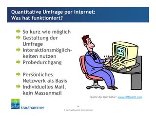 © by Krauthammer International
14
So kurz wie möglich
Gestaltung der
Umfrage
Interaktionsmöglich-
keiten nutzen
Probedurchgang
Persönliches
Netzwerk als Basis
Individuelles Mail,
kein Massenmail
Quantitative Umfrage per Internet:
Was hat funktioniert?
Quelle der Karrikatur: www.biffcointl.com
 