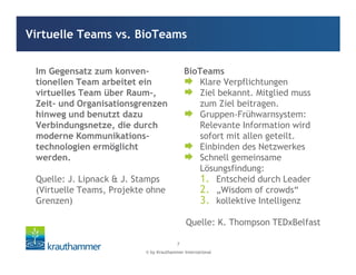 © by Krauthammer International
7
Im Gegensatz zum konven-
tionellen Team arbeitet ein
virtuelles Team über Raum-,
Zeit- und Organisationsgrenzen
hinweg und benutzt dazu
Verbindungsnetze, die durch
moderne Kommunikations-
technologien ermöglicht
werden.
Quelle: J. Lipnack & J. Stamps
(Virtuelle Teams, Projekte ohne
Grenzen)
BioTeams
Klare Verpflichtungen
Ziel bekannt. Mitglied muss
zum Ziel beitragen.
Gruppen-Frühwarnsystem:
Relevante Information wird
sofort mit allen geteilt.
Einbinden des Netzwerkes
Schnell gemeinsame
Lösungsfindung:
1. Entscheid durch Leader
2. „Wisdom of crowds“
3. kollektive Intelligenz
Quelle: K. Thompson TEDxBelfast
Virtuelle Teams vs. BioTeams
 