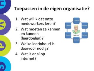 Toepassen in de eigen organisatie? Wat wil ik dat onze medewerkers leren? Wat moeten ze kennen en kunnen (leerdoelen)? Welke leerinhoud is daarvoor nodig?  Wat is er al op internet? 